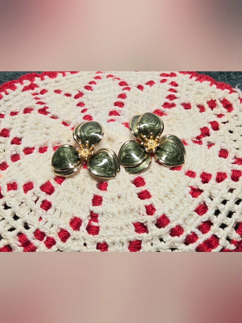 Vintage Green Enamel Gold Tone Floral Clover Statement Earrings
